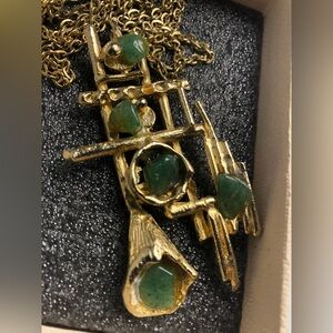 Unique Vintage Large Gold and Green Jade Pendant 15” Long Necklace